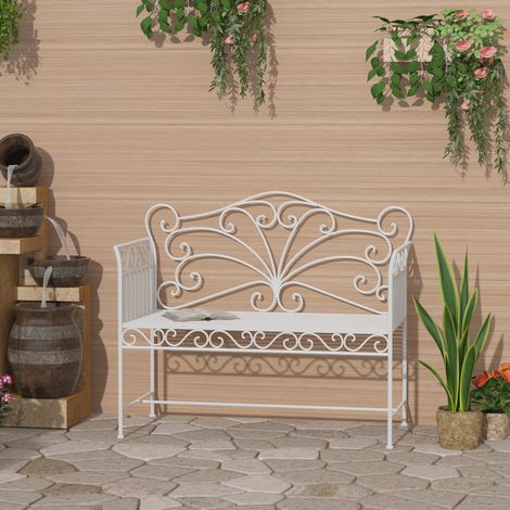 Banc de jardin robuste 2 places. Banc de parc antirouille, mobilier de jardin, 111 x 50 x 98 cm. Blanc
