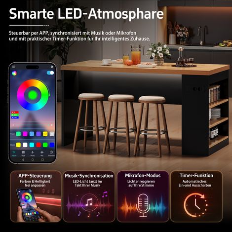 Îlot de cuisine 155 x 80 x 90 cm avec éclairage LED et prises électriques, plan de travail de 40 mm, 2 prises secteur + 2 ports USB, 3 étagères ouvertes, îlot moderne pour cuisine et salle à manger. (1/4)