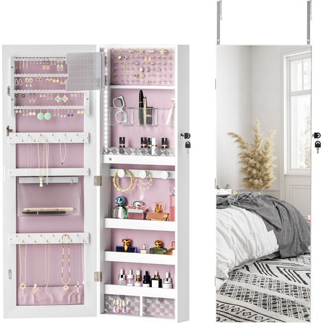 108 x 37cm Lockable Jewellery Cabinet, with LED Lights - White Surface and Pink Lining