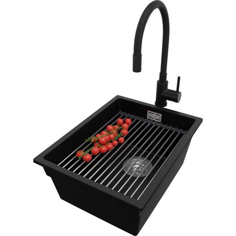 PRIMAGRAN Evier Cuisine en Granit 36x47cm, Lavabo 1 bac + Robinet 40x38cm + Kit de Vidage + Accessoire, Évier à Encastrer au meuble 40cm - Prague Slim, Noir (1/5)