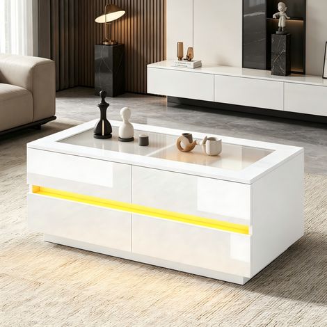Tavolino da caffè 100x50x40 cm con 4 cassetti e illuminazione a LED, piano in vetro temperato, struttura stabile in truciolato bianco (1/5)
