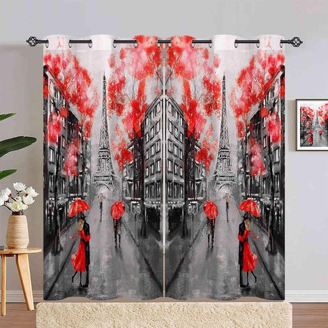 Rideau Occultant Paris Tour Eiffel Rouge Arbre Rideau Thermique Isolant Draperies Intérieurs Tenture Opaque à Oeillets pour Maison Chambre Salon Fenetre 2 Pièces L 140 x H 240 cm - 140L X 240H cm (2 P (1/5)