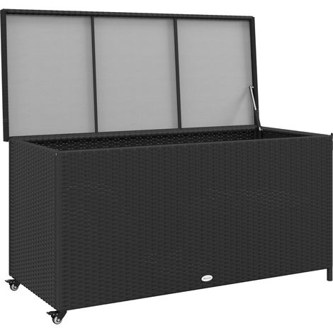 Baule da Giardino in Rattan PE con Ruote e Maniglia Laterale, 121x57x67cm, Nero