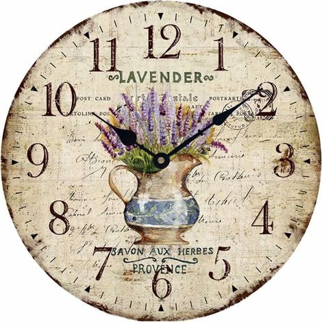 Wooden Wall Clock 12 Vintage French Country Printed Potted Lavender Romantic Shabby Chic Large Decorative Roman Numerals Analogue Battery Operated Silent for Home Decor (1/5)