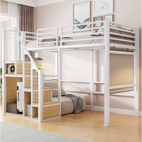 Cama alta 90x200 cm blanca de metal y MDF con escalera, almacenaje y barandilla (1/5)