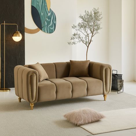 Dmora - Sofá fijo 2 plazas Japura, Sofá recto, Sofá para salón, Sillón doble, 81x155 h71 cm, Gris y Dorado (1/5)