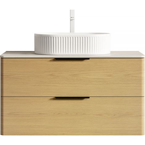 Hängender Badunterschrank 90 cm mit ovalem Waschbecken, Sintersteinplatte und 2 Schubladen (1/5)