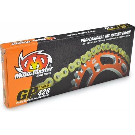Cadena de transmisión MOTO-MASTER GP-428 MX Profesional para motocross, sin juntas tóricas, color dorado (134 eslabones, clip incluido).