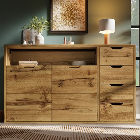 Kommode aus MDF in Eicheoptik 150x40x90 cm mit 2 Türen, 4 Schubladen und verstellbaren Einlegeböden (1/5)