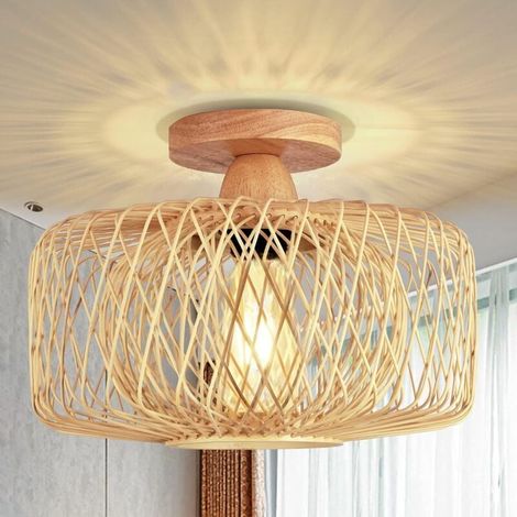 plafonnier salon, plafonnier vintage boho avec abat-jour en rotin,lampe suspendue rustique pour chambre cuisine couloir table à manger