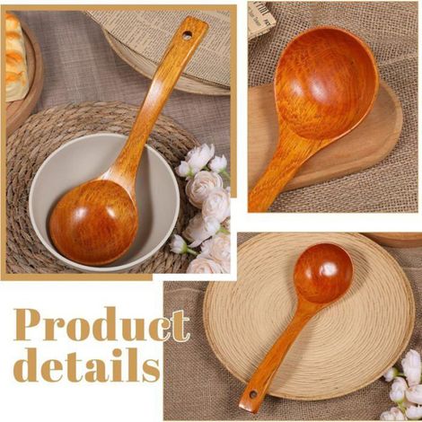 Louche en bois de teck, grande capacité 90 ml, manche long 28 cm, cuillère profonde pour soupe et service (1/5)