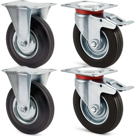Juego de ruedas 100 mm 2 x ruedas giratorias doble freno y 2 x ruedas fijas goma maciza 70 kg/rueda