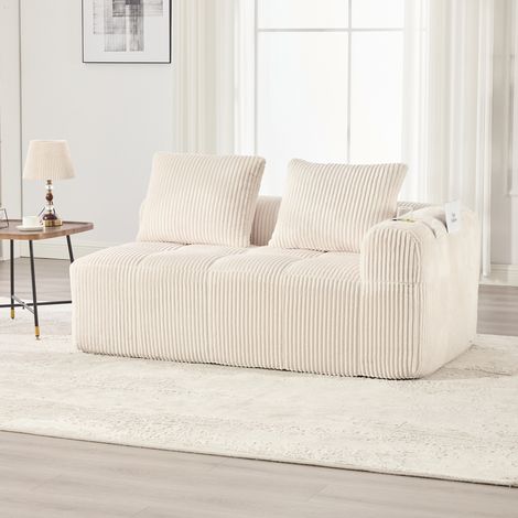 Sofá de 2 plazas de tejido pana beige, sin montaje, con bolsillo lateral y portavasos HAVRYA (1/5)