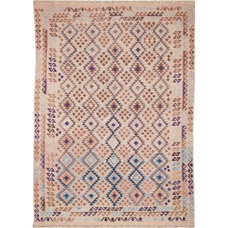 Tapis kilim 242 x 340 cm, motif ethnique, beige, marron et violet, en laine naturelle, charme artisanal (1/5)