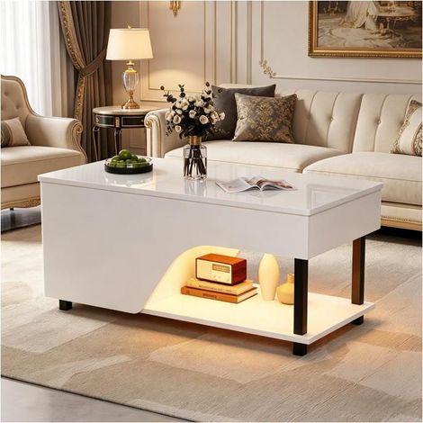 Table basse avec rangement 50 x 100 x 46 cm hauteur réglable rangement caché plateau ajouré éclairage led tablette latérale finition (1/5)