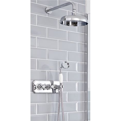 Milano Elizabeth 2 Outlet Twin Diverter Thermostatic Mixer Shower Valve with 200mm Round Rainfall Shower Head and Hand Shower Handset - Chrome & White (1/5)