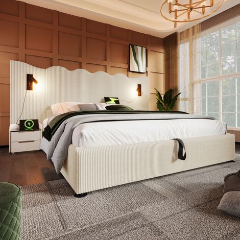 Cama doble tapizada con almacenaje USB y luz beige OKMYHOME (1/5)