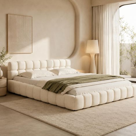 Lit Double Rembourré 160x200, Lit Bubble avec Sommier à Lattes, Lits 2 Personnes Capitonne avec Tête de Lits, Cadre de Lit pour Adulte Chambre à Coucher et Chambre d'amis, sans Matelas, Lin (1/5)