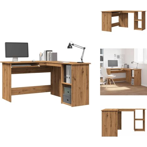 Vidaxl – Bureau d'angle chêne artisanal 120x140x75 cm – Bois d'ingénierie – Section clavier coulissante – 2 étagères ouvertes – Pour espaces étroits (1/5)