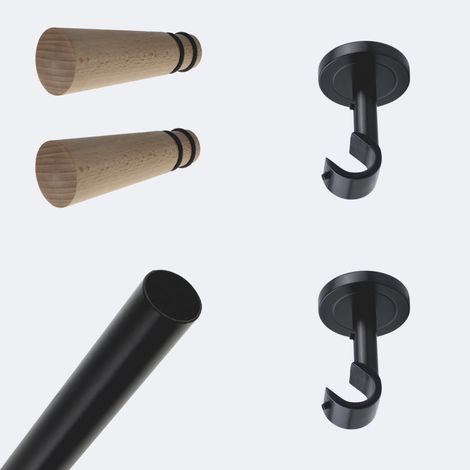 Kit de tringle à rideaux Noir Mat 200cm Diam.20mm Embout Cône Bois - Fixation Plafond - Boulet (1/3)