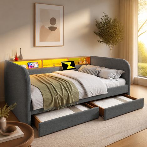 Cama tapizada 140x190 cm con LED, USB-C, 2 cajones y cabecero con almacenaje, gris (1/5)