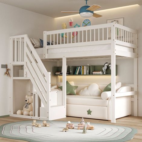 Letto a soppalco 90x200 cm in legno, con scaletta e spazio di archiviazione, letto per bambini con struttura in legno massiccio - Bianco