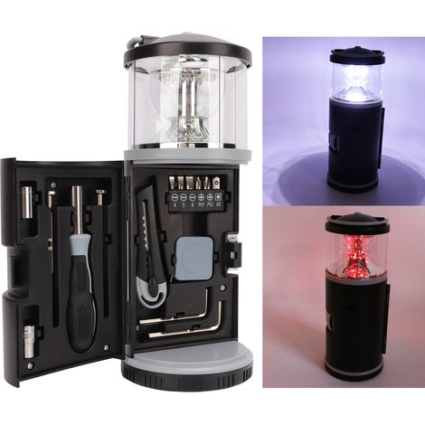 Kit d'outils multifonctionnel pour la réparation automobile et le camping avec lampe de camping LED, alimenté par batterie (livré sans batterie). (1/5)