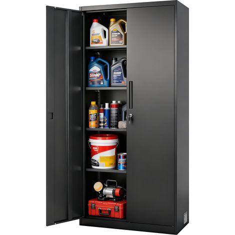 VEVOR Armario Metálico de Almacenamiento 80 x 40 x 175 cm, Armario Multifuncional con Cerradura Puertas Magneticas 2 Llaves 4 Estantes Ajustables, Mueble Organizador para Oficina Taller Almacen, Negro (1/5)