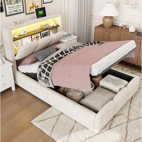 Lit coffre simple 90x200 cm avec rangement hydraulique, LED, tête de lit rangement, pour chambre, velours beige (1/5)
