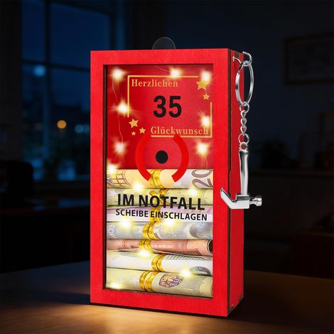 Cadeau d'argent LED pour 35e anniversaire – 35 ans – Cadeaux personnalisés pour l'argent – Boîte d'urgence amusante avec marteau, cordon doré et guirlande lumineuse (1/5)