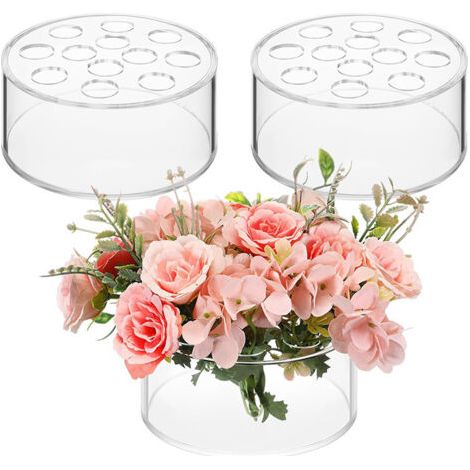 Lot de 3 centres de table floraux en acrylique pour décoration de table de salle à manger, 12 trous, support de fleurs bas avec trous pour fête d'anniversaire à la maison (transparent) (1/5)