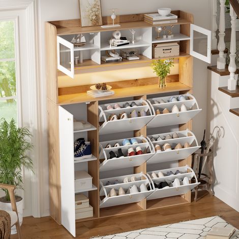 Meuble à Chaussures Blanc Étroit avec Verre et LED - 6 Abattants et 1 Porte - Rangement XXL Gain de Place pour Couloir - 130x25x85 cm