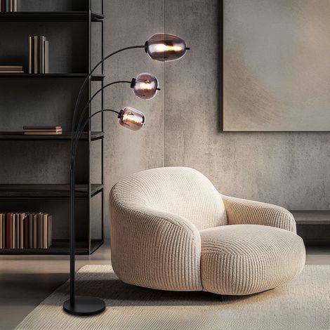 Stehleuchte Rauchglas Retro Bogenstehleuchte Wohnzimmer Stehlampe schwarz Metall Glas, Fußschalter, 3x E14 Fassungen, LxBxH 80x60x175 cm (1/5)