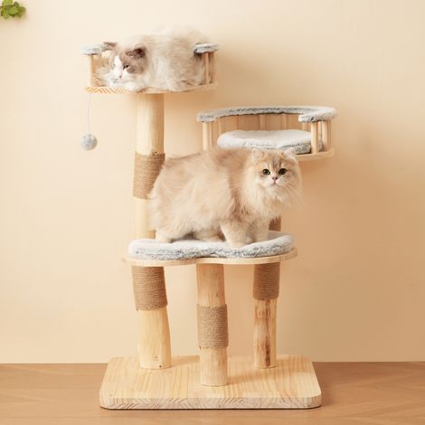 Arbre à Chat Design en Bois Massif 98 cm, 3 Niveaux avec Coussins Lavables, Griffoir en Sisal Naturel, Style Nuage pour Petits et Grands Chats (1/5)
