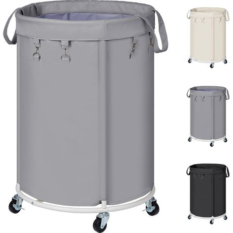 Panier à linge gris 150L rond sur roulettes avec poignée