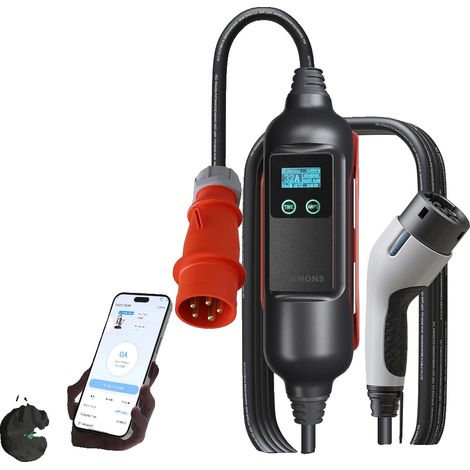 Cargador portátil para vehículos eléctricos, control WiFi, resistente a la intemperie IP65, adaptador de 22 kW y 32 A, tipo 2-c (1/2)
