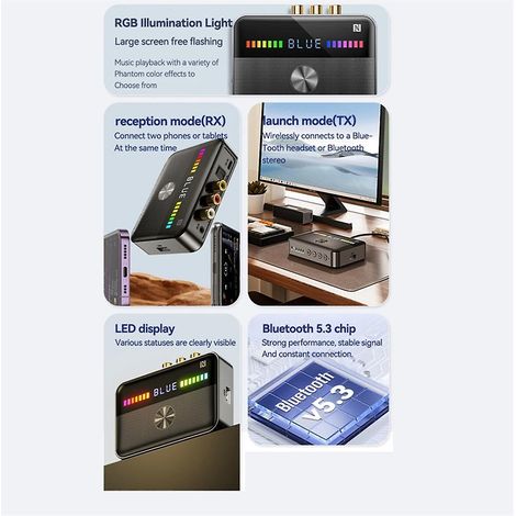 Émetteur-récepteur audio NFC Bluetooth 5.3 avec éclairage RGB, ports USB 3,5 mm, AUX coaxial et optique, convertisseur numérique-analogique (DAC) (1/5)