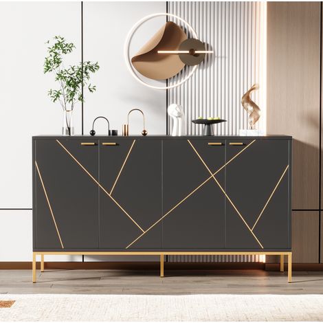 Mueble TV de 4 puertas, 150 x 40 x 80 cm, balda regulable, patas metálicas, negro y dorado HAVRYA (1/5)