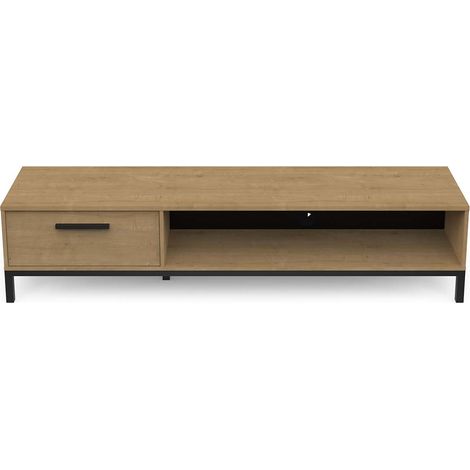 Meuble TV avec rangement 1 niche 1 tiroir couleur chêne / noir mat - Largeur 183 x Profondeur 44,9 x Hauteur 41,3 cm (1/5)