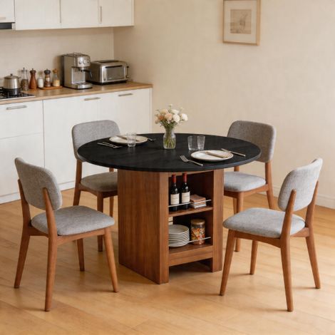Tavolo da pranzo rotondo moderno con ripiano contenitore, in legno di noce con struttura in metallo, diametro 100 cm, per 2-4 persone, ideale per cucina, sala da pranzo e piccoli spazi.