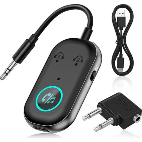 Émetteur récepteur Bluetooth 5.3, adaptateur Bluetooth 2 en 1 d'avion compatible avec 2 AirPods et écouteurs sans fil pour TV, émetteur audio jack 3,5 mm pour TV, pour T-V/avion/casque/Airpods/voiture (1/5)