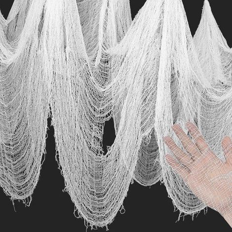 Tissu de décoration Halloween - 76 x 500 cm - Tissu blanc effrayant - Décoration gothique horreur - Intérieur et extérieur - Pour table, portes et rideaux (1/5)