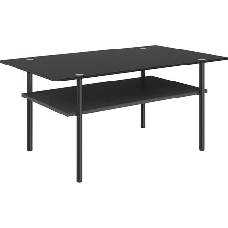 CHICFURN Table basse rectangulaire noire avec plateau en verre trempé, étagère MDF 2 niveaux et structure en métal, table de salon moderne pour rangement (1/5)
