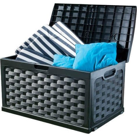 Cassapanca baule da esterno in resina con seduta Rattan Antracite con rotelle (1/3)