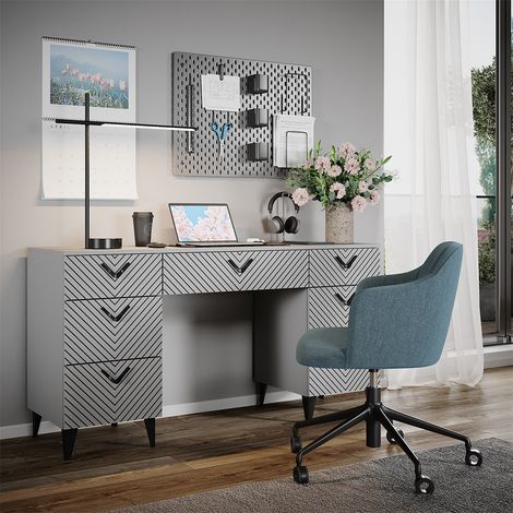 Scrivania Anett, Grigio, 150 x 45 cm con 7 cassetti, Vicco