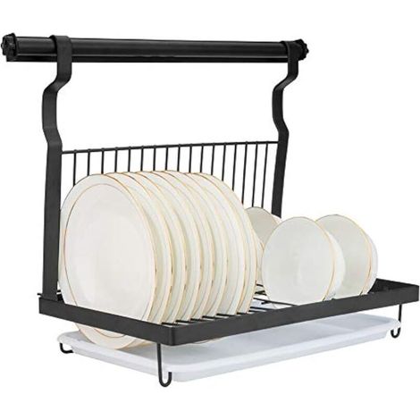 Porte-assiettes mural pliable en acier inoxydable avec égouttoir, barre de suspension, noir (1/5)