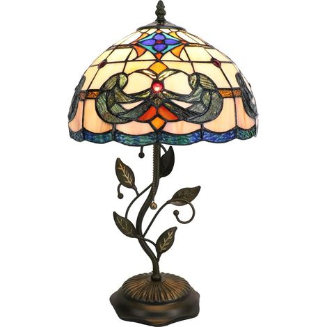 Baroque Lampe de Bureau, Lampe de Chevet Vintage, E27 Verre Coloré Lampe de Table, Avec Interrupteur à Chaîne à Tirer, Forme des Feuilles Base en Métal[Sans ampoule] (1/5)