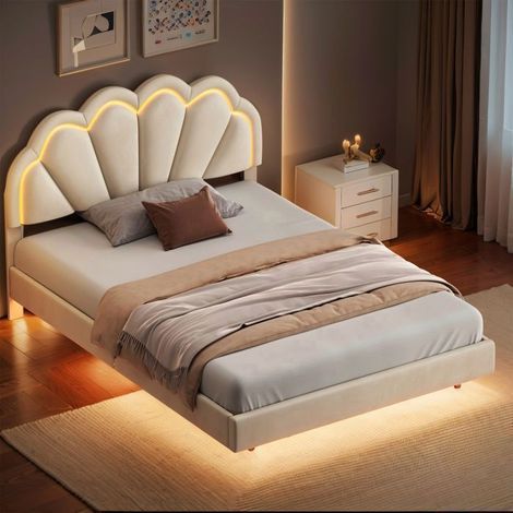 Cama doble 140x200 cm - Estructura 140x200 - LED integrada - Terciopelo beige - Estilo escandinavo