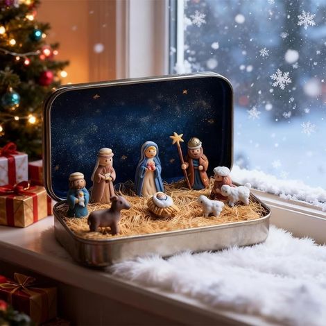 Crèche De Noël Miniature - Boîte Métallique Portable - Figurines Famille Sainte Et Bergers En Résine - Décoration Intérieure - Cadeau De Noël - 1 Pièce (1/5)