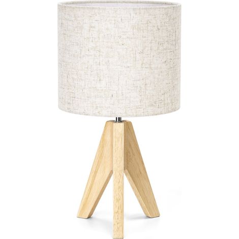 ACKERMAN Lampe de chevet en bois, lampe de table avec abat-jour en lin beige, ampoule LED E27 incluse, hauteur 36 cm, trépied vintage (1/5)